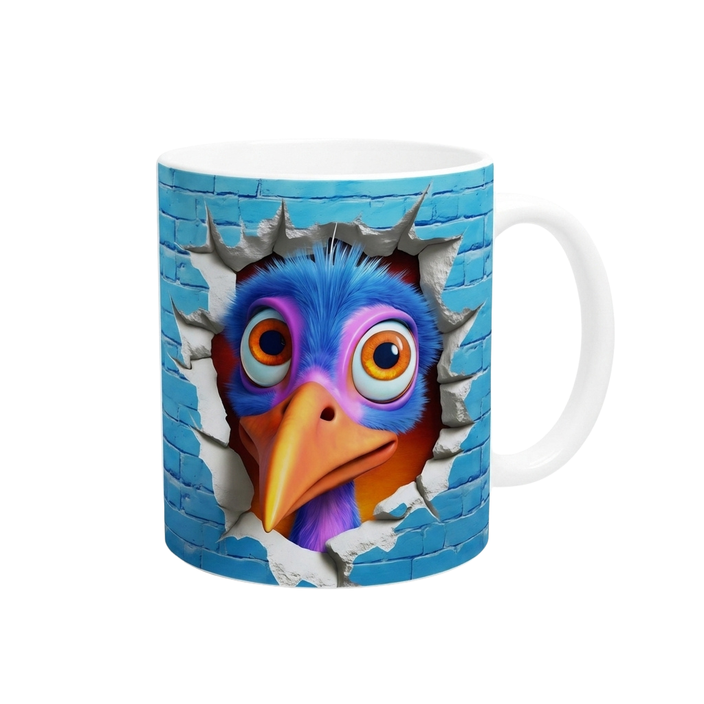 Caneca 3D Passarinho Divertido Parede Quebrada Cerâmica 325ml